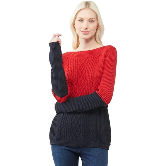 TOMMY HILF. Cate Boat Neck Red Navy Color Block Cable Knit Sweater S - Picture 2 of 10